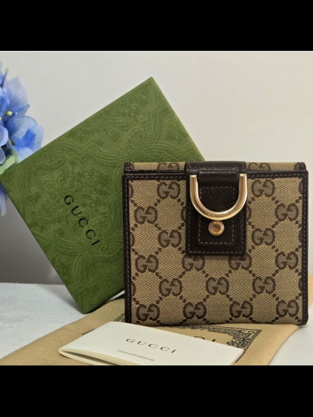 Gucci Brown GG Authentic Monogram Canvas Small Wallet with Gold Hardware